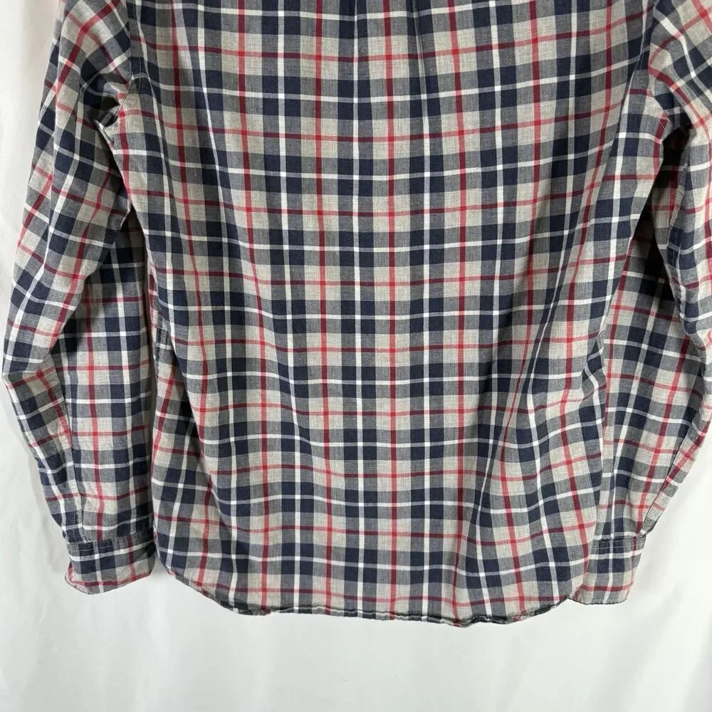 J Crew Button Up Shirt Men's Medium Blue Red Plaid Slim Fit Pocket Long Sleeve